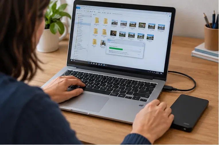 Une personne copie les fichiers d’un ordinateur portable vers un disque externe posé sur un bureau.