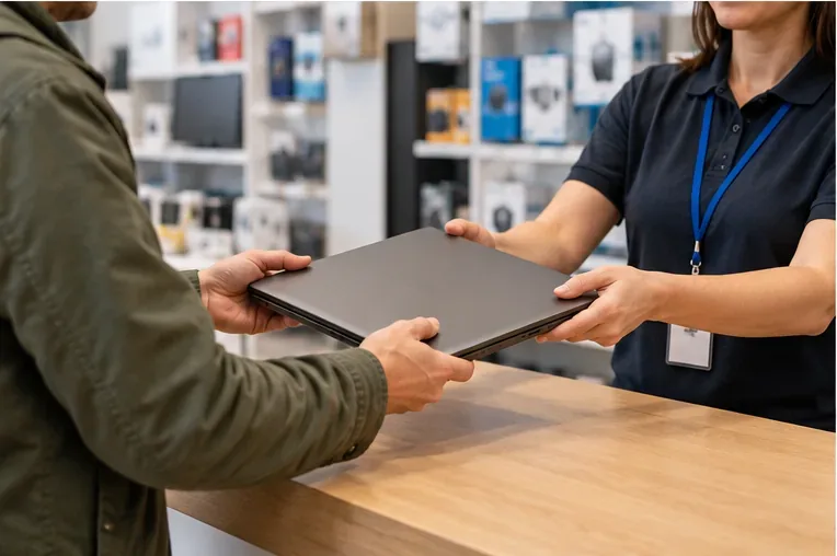 Un client remet un ordinateur portable fermé à une employée au comptoir d’un magasin d’électronique.