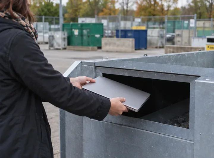 Personne déposant un ordinateur portable dans un conteneur de recyclage électronique