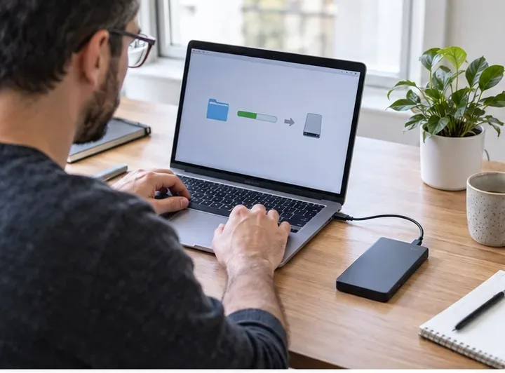 Personne sauvegardant les fichiers d’un ordinateur portable sur un disque externe