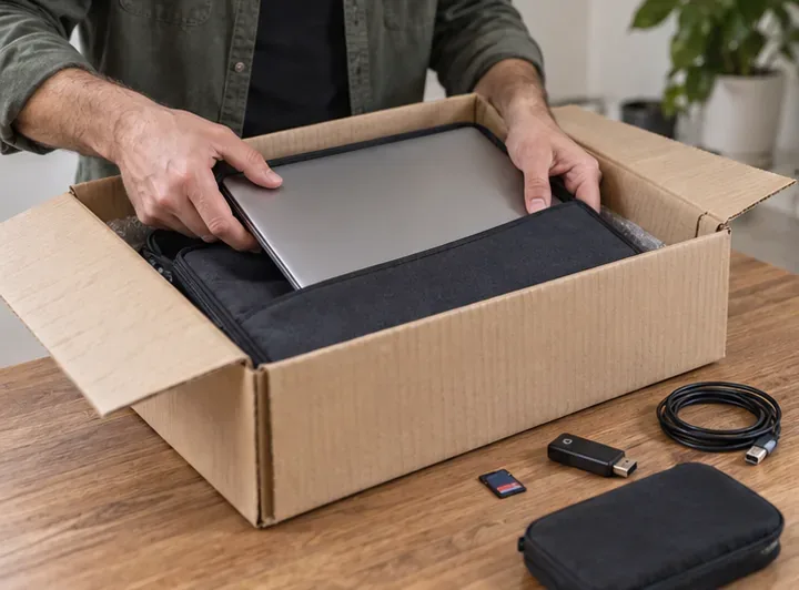 Ordinateur portable protégé dans une boîte avec une carte mémoire et des accessoires séparés