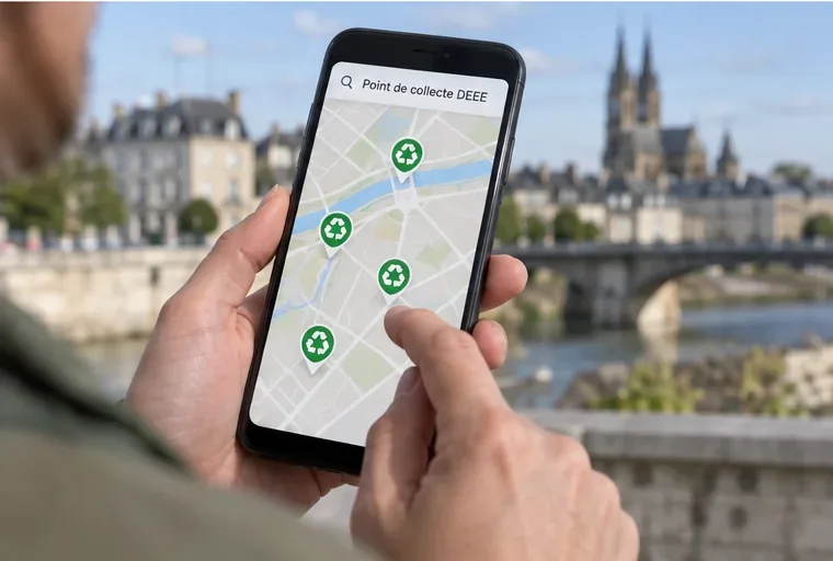 Une personne consulte sur son téléphone une carte de points de collecte pour déchets électriques et électroniques