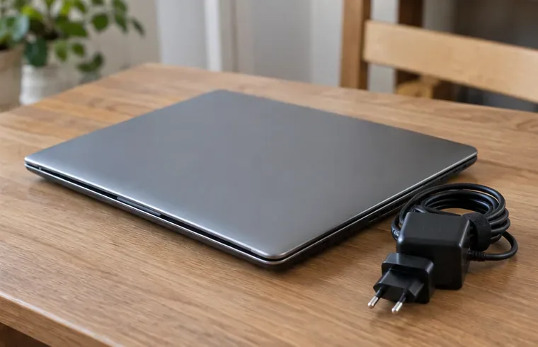 Un ordinateur portable fermé et son chargeur sont regroupés sur une table avant leur dépôt ou leur reprise