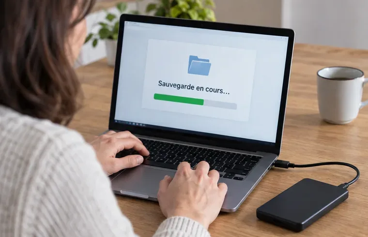 Une personne sauvegarde les fichiers de son ordinateur portable sur un disque externe avant de s’en séparer
