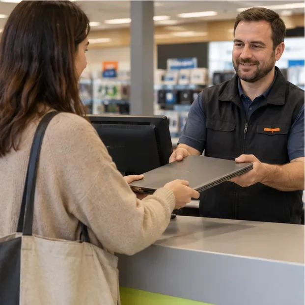 Cliente remettant un ordinateur portable usagé à un employé au comptoir d’un magasin d’électronique