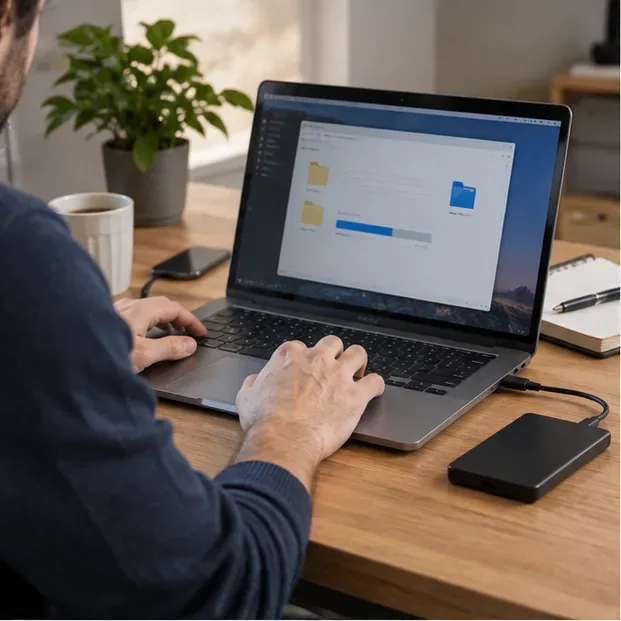 Personne sauvegardant les fichiers d’un ordinateur portable sur un support externe avant de s’en séparer