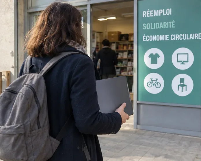 Une personne apporte un ordinateur portable dans un lieu de réemploi et d’économie circulaire.