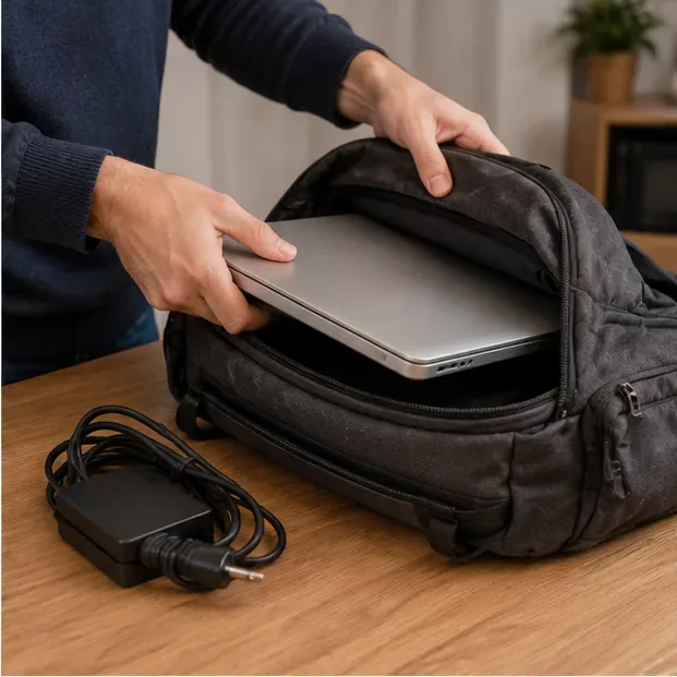 Ordinateur portable rangé dans un sac avec son chargeur pour être transporté vers un point de reprise ou une déchèterie