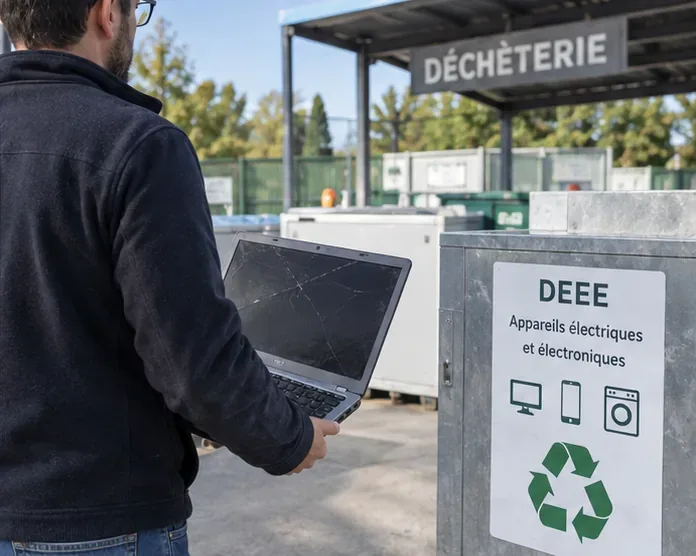 Une personne apporte un ordinateur portable hors service dans une déchèterie équipée d’une zone pour les déchets électriques et électroniques.