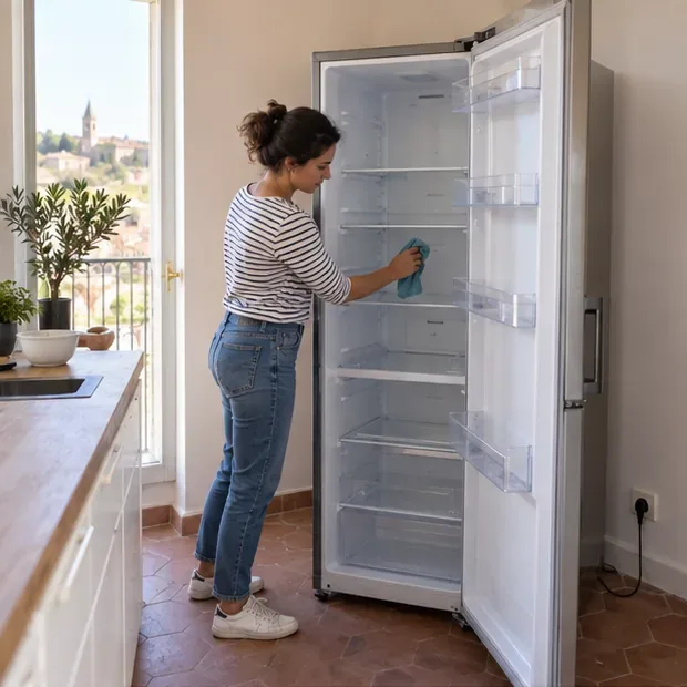 Une personne nettoie l’intérieur vide d’un réfrigérateur ouvert dans une cuisine lumineuse