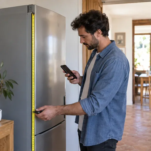 Un homme mesure la hauteur d’un réfrigérateur tout en consultant son téléphone