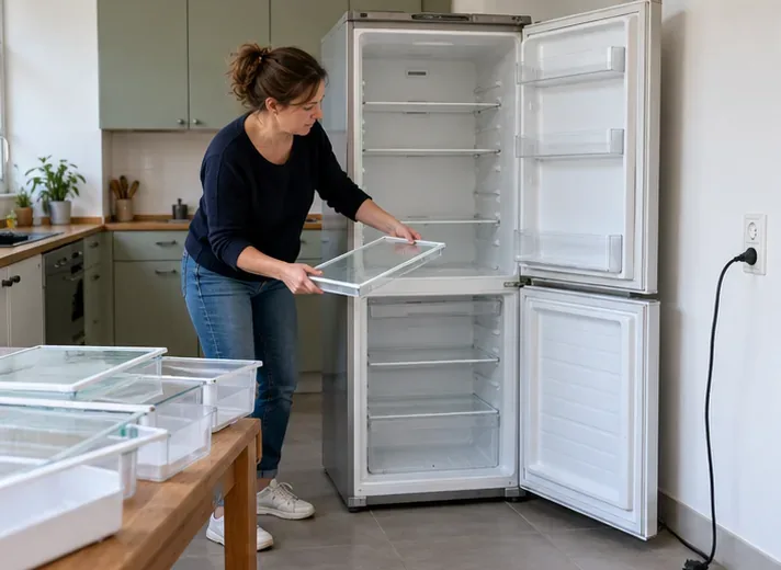 Une personne vide un réfrigérateur ouvert et retire un bac amovible dans une cuisine