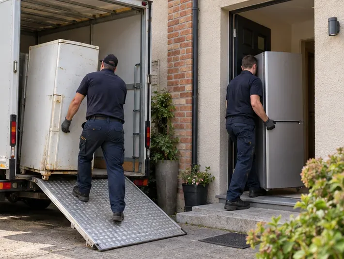 Des livreurs chargent un ancien réfrigérateur dans un camion à côté de la livraison d’un appareil de remplacement