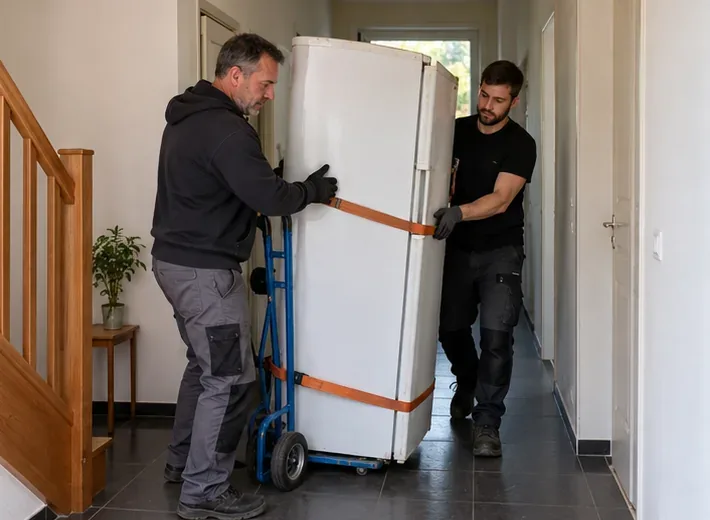 Deux personnes maintiennent un réfrigérateur vertical sanglé sur un diable dans un couloir