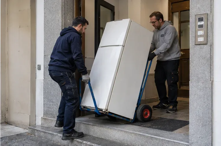 Deux personnes déplacent un réfrigérateur sur un diable à la sortie d’un immeuble