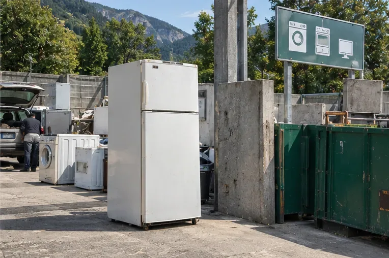 Un réfrigérateur usagé se trouve dans une zone de dépôt pour appareils électriques en déchèterie