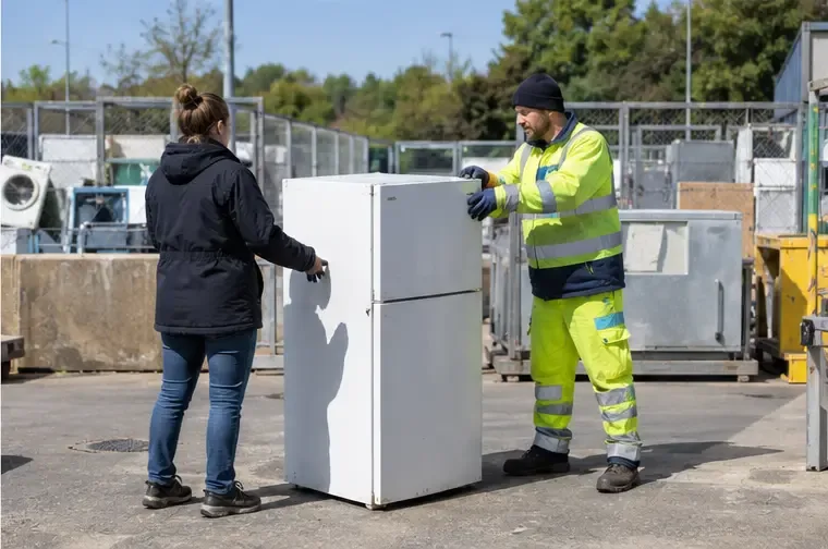 Réfrigérateur remis par une habitante à un agent dans un centre municipal de recyclage