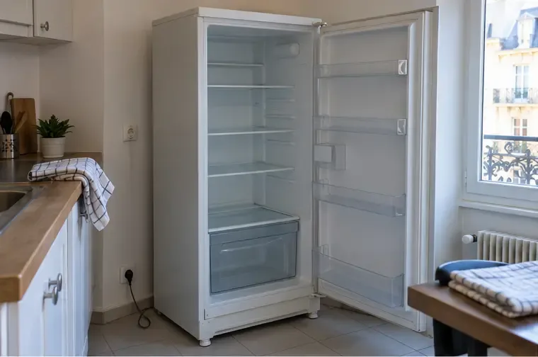 Réfrigérateur vide et débranché, porte ouverte dans une cuisine avant son évacuation