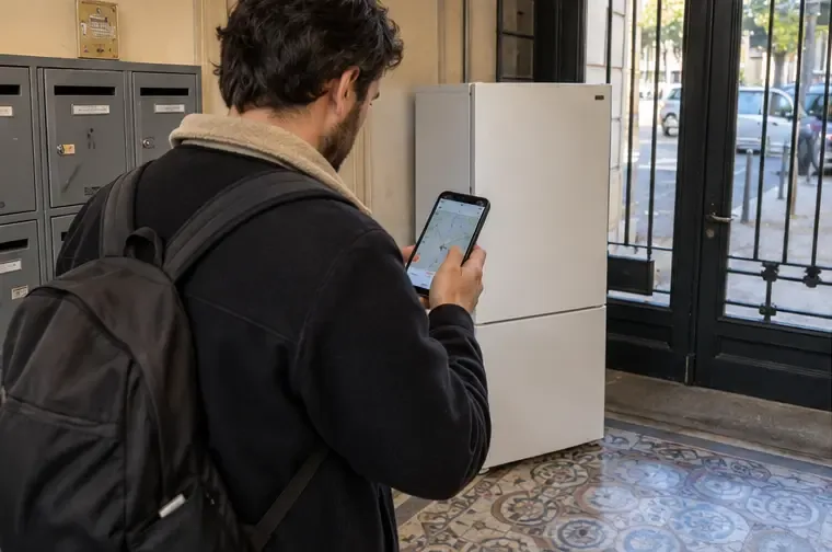 Habitant consultant une carte sur son téléphone à côté d’un réfrigérateur dans l’entrée de son immeuble