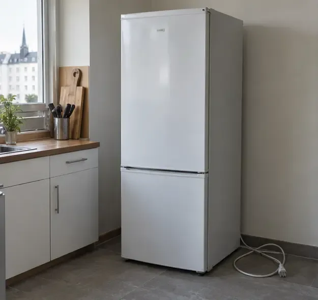 Réfrigérateur vide et débranché dans une cuisine, avec son cordon posé au sol