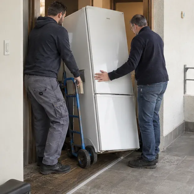 Deux personnes déplacent un réfrigérateur vertical avec un diable dans une entrée