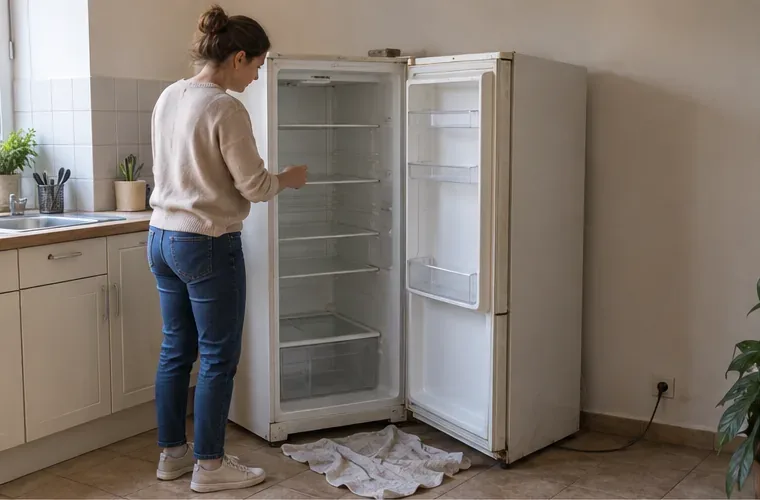 Une personne devant un réfrigérateur ancien vidé et ouvert dans une cuisine, en cours de préparation avant enlèvement