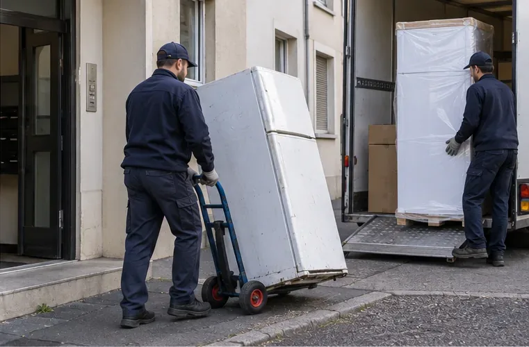 Deux livreurs manutentionnant un ancien réfrigérateur sur un diable devant un immeuble et un camion de livraison