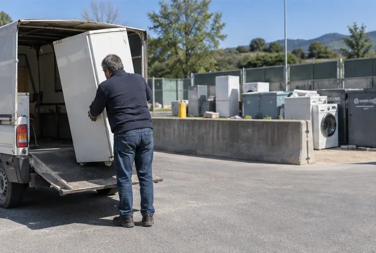 Un particulier déchargeant un vieux réfrigérateur d’un utilitaire dans une zone de déchèterie équipée pour l’électroménager