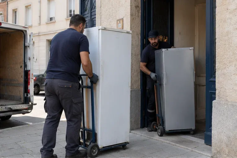 Deux déménageurs déplacent des réfrigérateurs sur des diables devant l’entrée d’un immeuble, près d’un véhicule utilitaire.