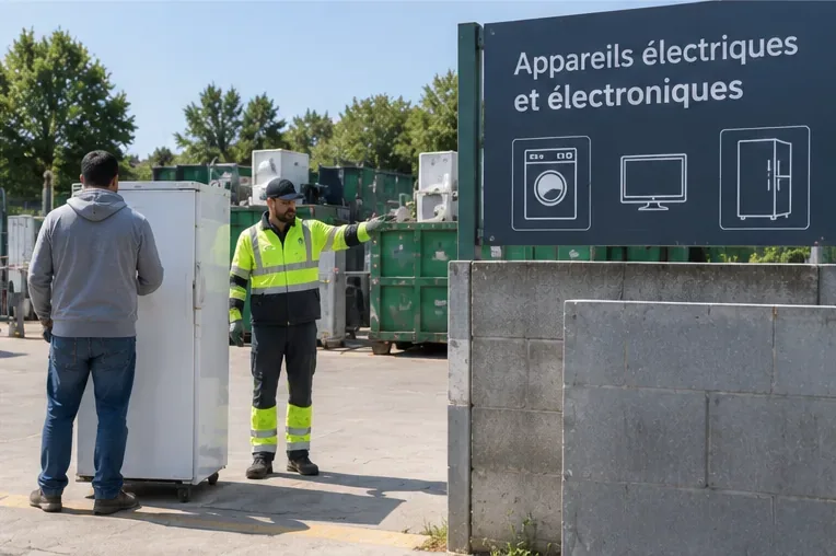 Un usager pousse un réfrigérateur vers un agent de déchetterie qui lui indique la zone réservée aux appareils électriques et électroniques.