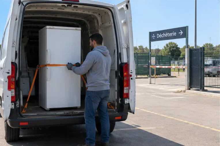 Un réfrigérateur blanc est sanglé verticalement dans un utilitaire stationné devant l’entrée d’une déchetterie.