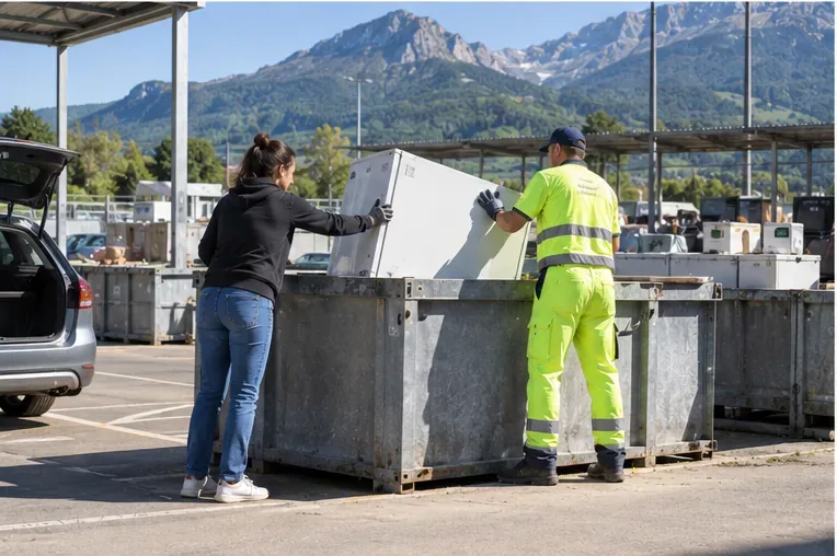Une personne et un agent de déchèterie déposent un vieux réfrigérateur dans une zone de collecte dédiée aux équipements électriques.