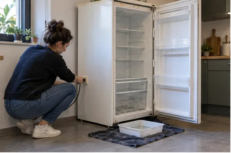Une personne débranche un réfrigérateur vide et ouvert dans une cuisine, avec un bac posé au sol pour récupérer l’eau de dégivrage.