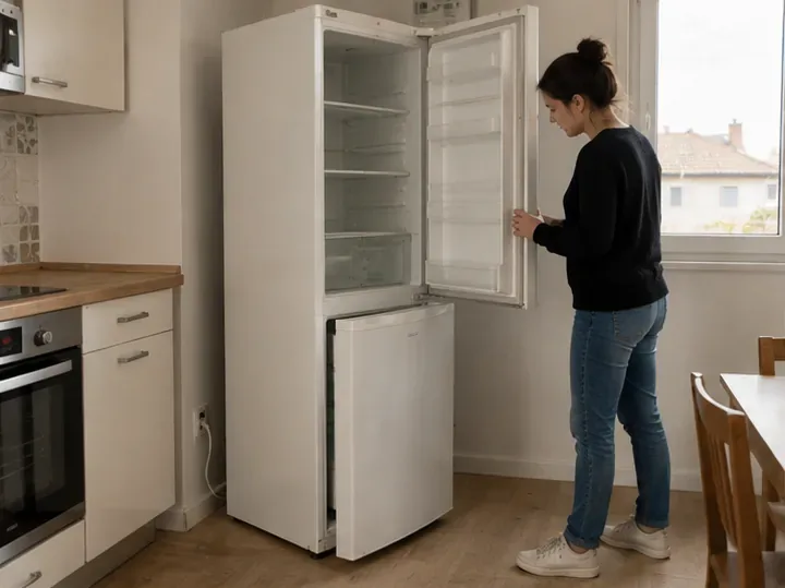 Une personne vérifie un réfrigérateur vidé dans une cuisine avant de choisir une solution de réemploi ou de recyclage.