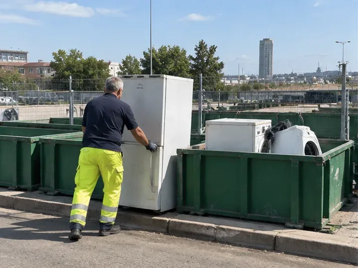 Un agent guide un vieux réfrigérateur vers la zone réservée aux gros appareils électroménagers dans un centre de recyclage.