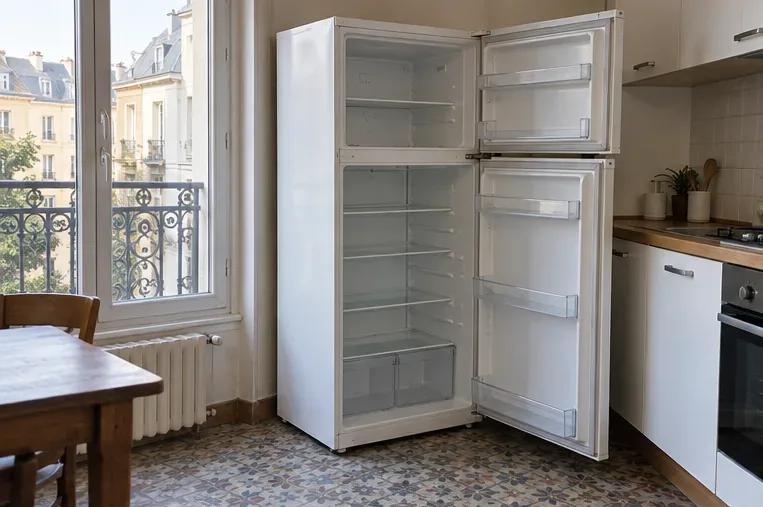 Réfrigérateur vide, débranché et portes ouvertes dans une cuisine