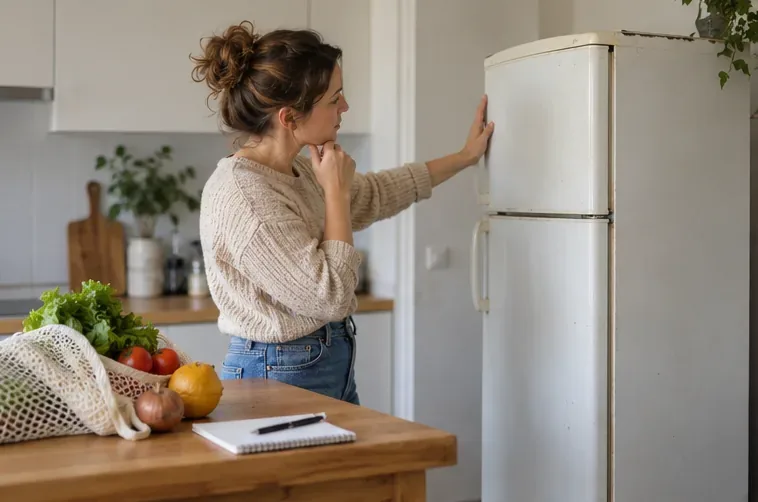 Une habitante examine un réfrigérateur ancien dans sa cuisine avant de choisir une solution de réemploi ou de collecte.