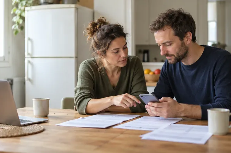 Deux adultes consultent un bon de livraison et un téléphone près d’un réfrigérateur, pour organiser la reprise de l’ancien appareil.
