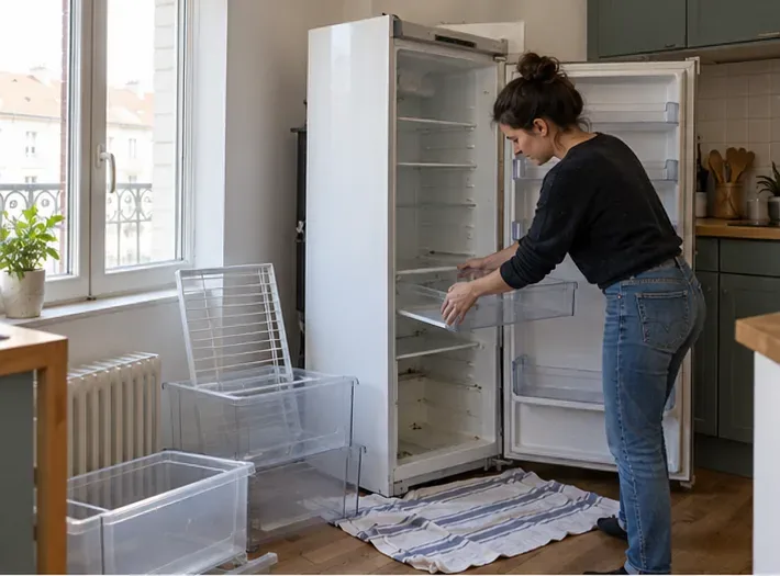 Une femme vide les clayettes d’un réfrigérateur ouvert dans une cuisine, avec un linge posé devant l’appareil.