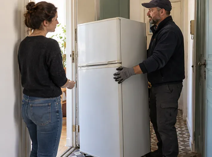 Une personne remet un réfrigérateur à un intervenant dans l’encadrement d’une porte, à l’intérieur d’un logement.