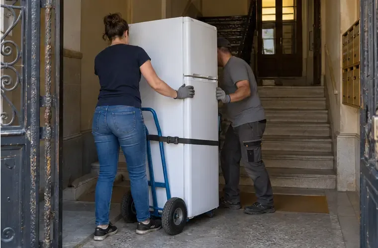 Deux personnes maintiennent un réfrigérateur debout sur un diable dans le hall d’un immeuble