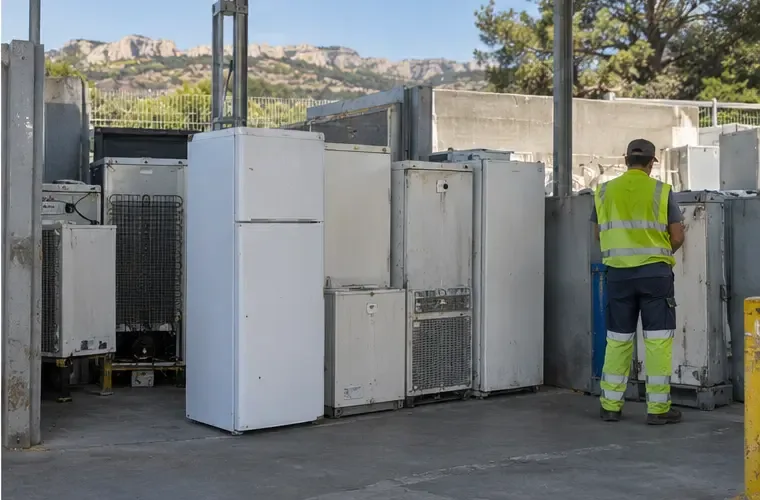 Réfrigérateurs regroupés dans une zone dédiée aux gros appareils électriques d’un centre de valorisation