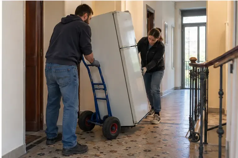 Deux adultes déplacent un réfrigérateur avec un diable dans un couloir d’immeuble
