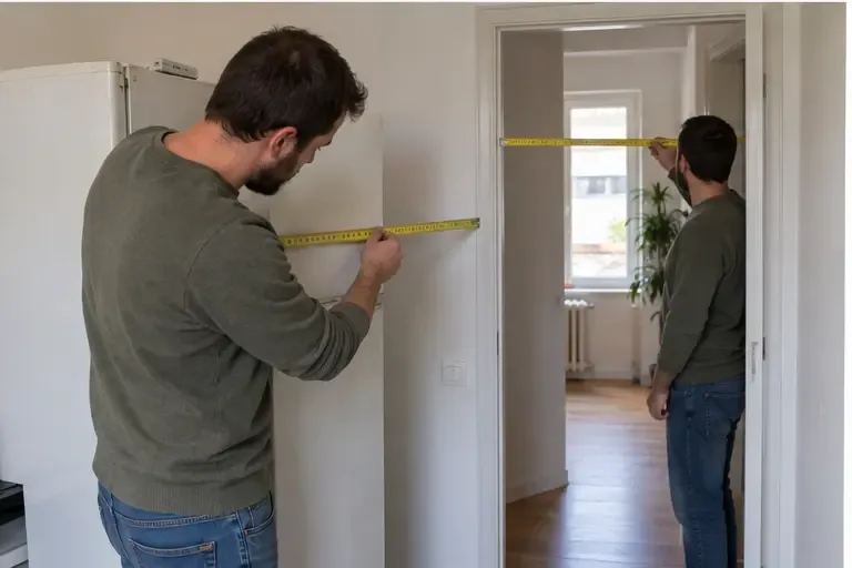 Personne utilisant un mètre ruban pour mesurer un réfrigérateur et la largeur d’une porte