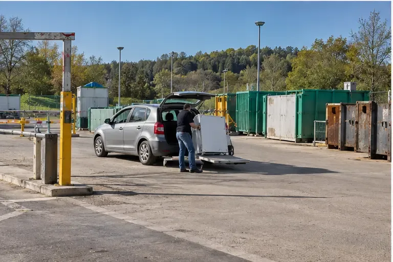 Un automobiliste décharge un réfrigérateur sur un chariot dans un centre de collecte générique