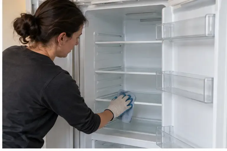 Personne portant des gants qui nettoie l’intérieur vide d’un réfrigérateur avec un chiffon