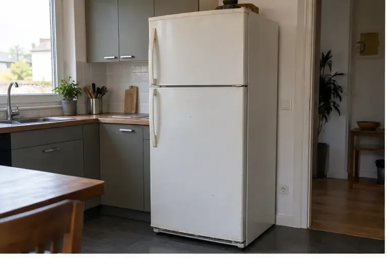 Réfrigérateur ancien débranché dans une cuisine, portes fermées et prêt à être préparé pour son évacuation