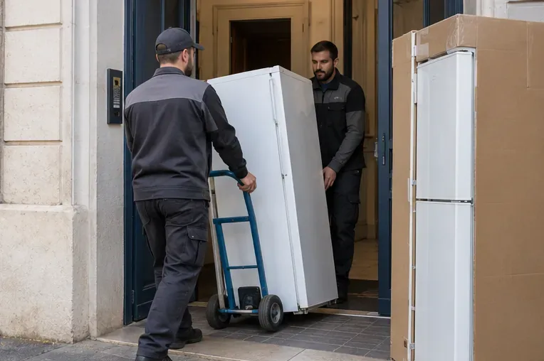 Deux manutentionnaires déplacent un réfrigérateur avec un diable à l’entrée d’un logement.