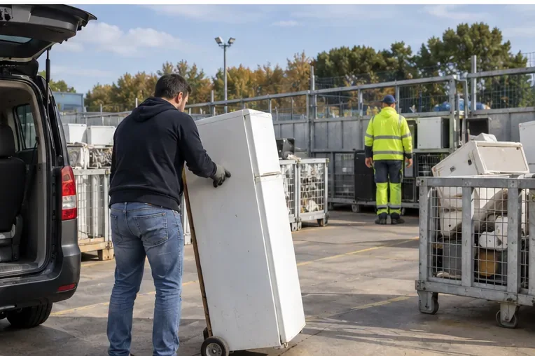 Une personne décharge un réfrigérateur sur un diable dans une zone de collecte d’appareils électriques en déchèterie.