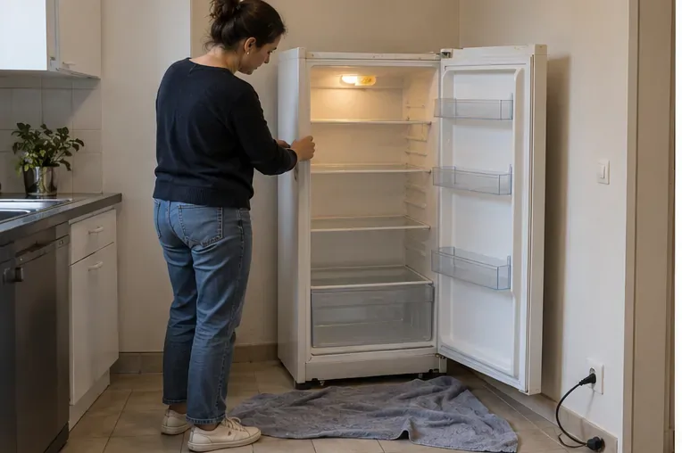 Un réfrigérateur vide et ouvert dans une cuisine, avec une personne qui termine sa préparation avant enlèvement.